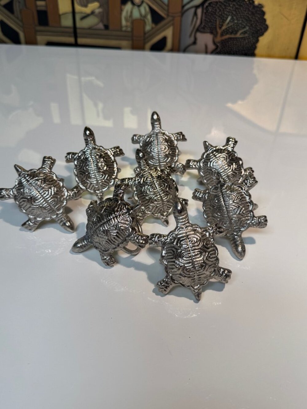 Set of 8 HEAVY Pewter Turtle Napkin Rings